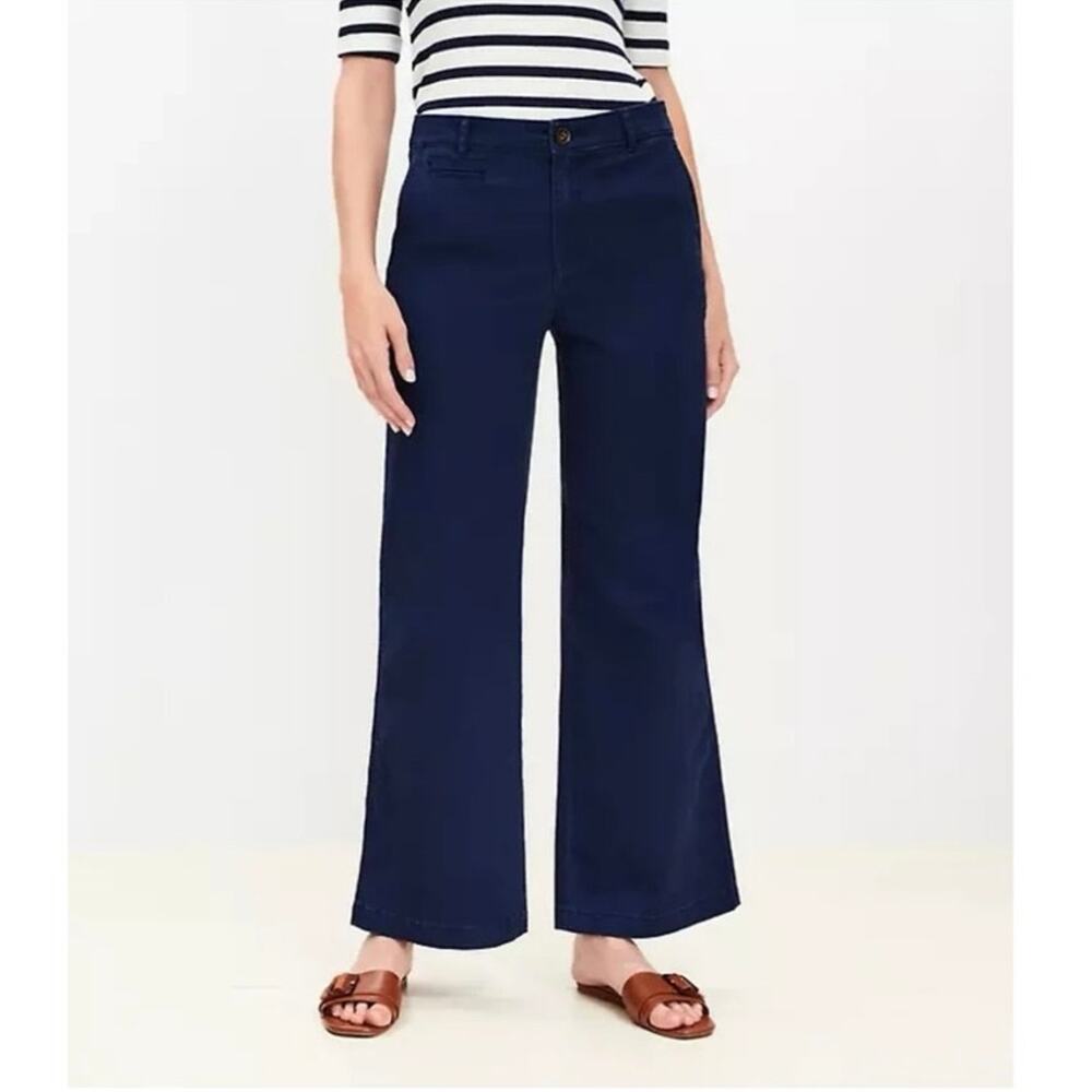 LOFT Monroe Wide Leg Pants Navy Blue High Rise NWT Size 4 Stretch Cotton Chino